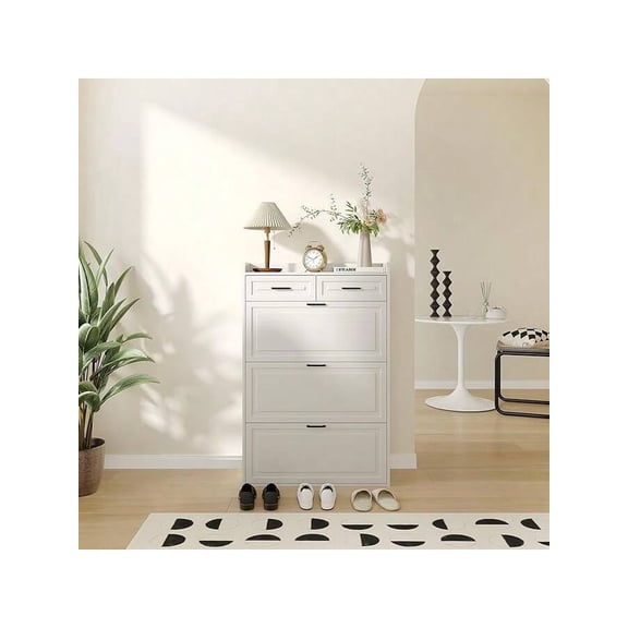 White- Shoe Storage Cabinet With 2 Flip Drawers And 2 Drawers, Freestanding Narrow Entryway Slim Hidden Shoe Rack Organizer Cabinet, White Adjustable Installation Wall Room