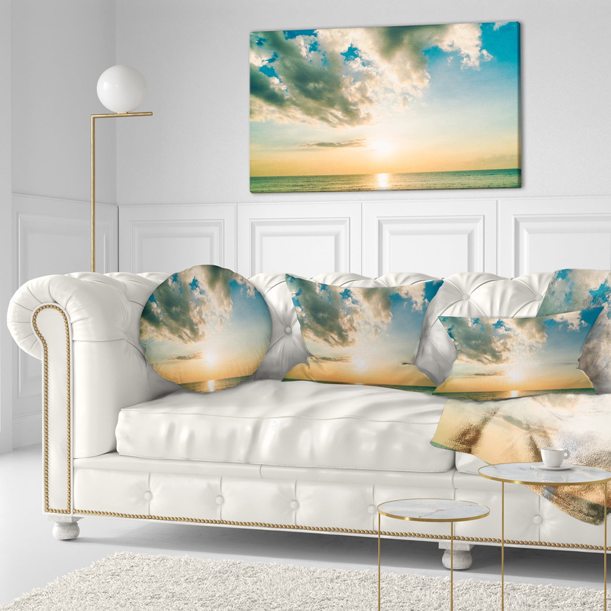 Designart Clouds Together Over Blue Seashore - Seascape Throw Pillow - 12x20