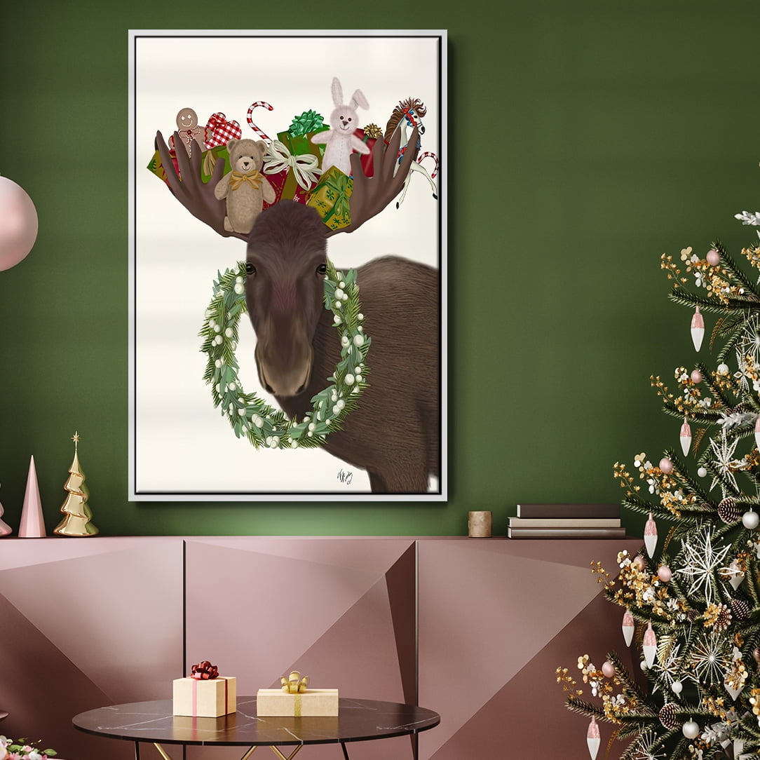 Christmas Moose and Christmas Gifts - Framed Gallery Wrapped Holiday Canvas - 25 x 37 - White Frame