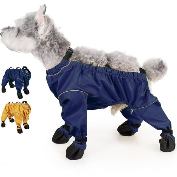 SENIURIS Dog Waterproof Rain Suspender Boots, Anti-Slip Shoes Reflective Paw and Belly Protector Winter Snow Pants. (Blue M)