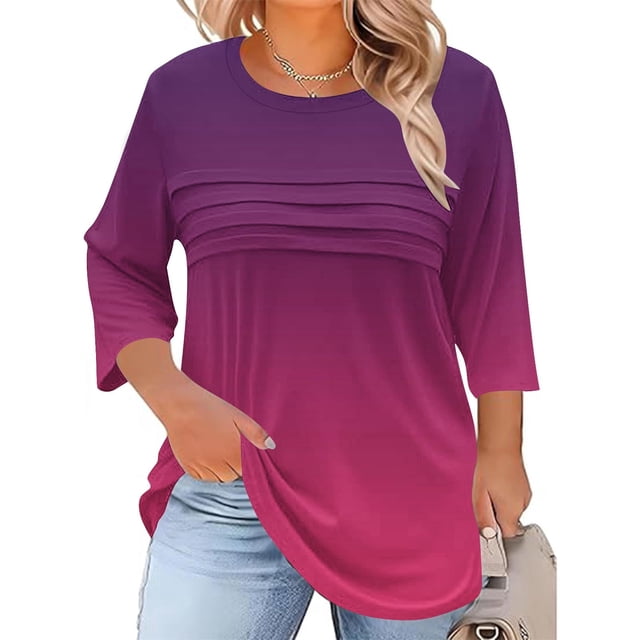 Neewe Womens Plus Size Tops 3/4 Sleeve Shirts Crewneck Pleated Blouses Dressy Casual Fashion Tunic Top (1X-5X)