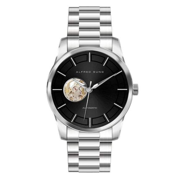 Alfred Sung Men's Automatic Silver Black Open Heart Dial Link Watch