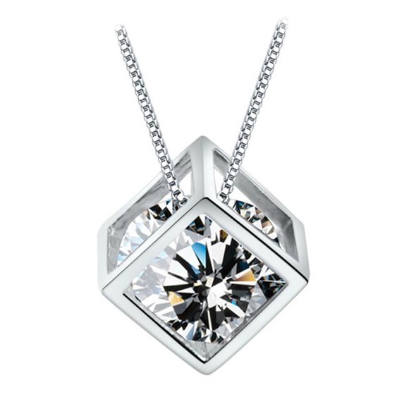ifundom Square Cube Necklace Crystal Long Chain Necklace Jewelry for Women Cubic Fashion Chain Female Gift(Platinum/ no Chain,White Copper Plated Platinum)