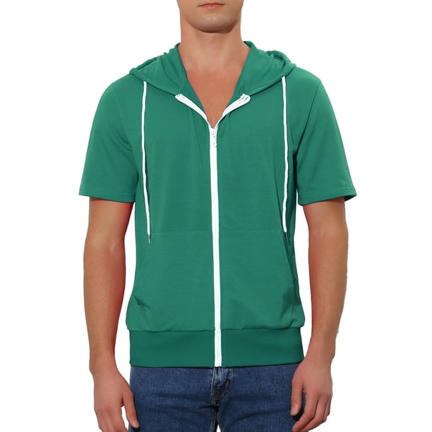 INSPIRAR CHIC Sudaderas de manga corta para hombres del Día del Padre, chaquetas con capucha de color sólido, con cremallera, M Verde Oscuro