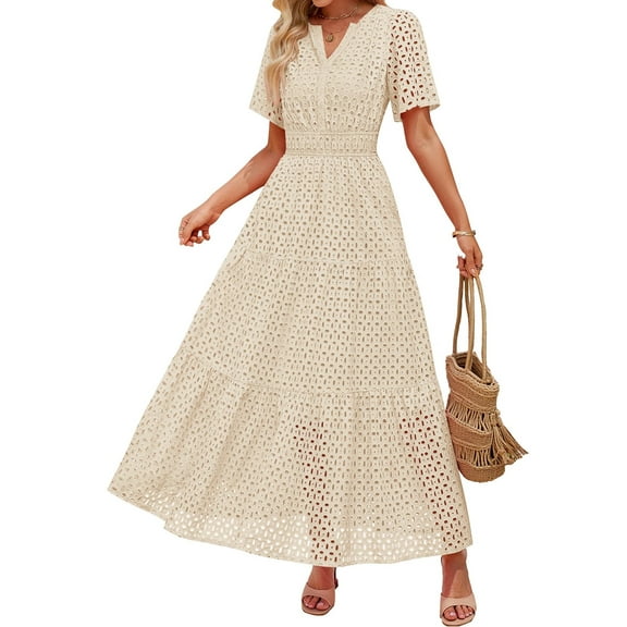 Women'S Summer Short Sleeve Maxi Dress Casual V Neck Hollow Out Eyelet Ruffle Swing A Line Long Dresses White L
