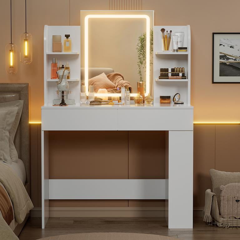 Lacoo Vanity Set with Mirror, Makeup Vanity with LED Light, Storage Drawers & Shelves, Vanity Desk for Bedroom Dressing Room, White