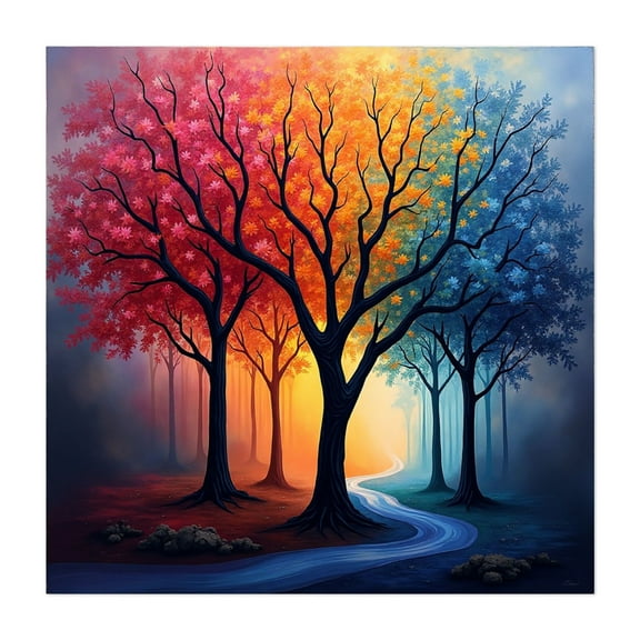 Mystical Forest of Four Seasons: A Vibrant Journey Through Time and Color - Illustration Surrealism Autumn Forest Mystical Nature Psychedelic Unframed Wall Art Print 6 x 6 inches