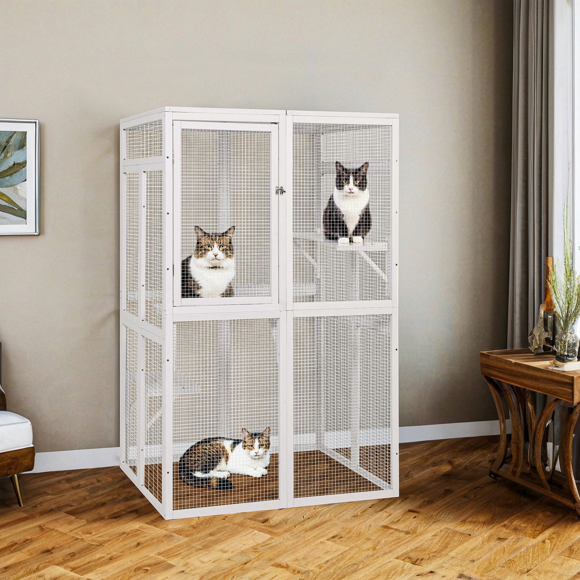 Pefilos 64" Cat House Outdoor Catio Cat Enclosures Wooden Kitty House with Platforms, Waterproof Roof, Hammock, White