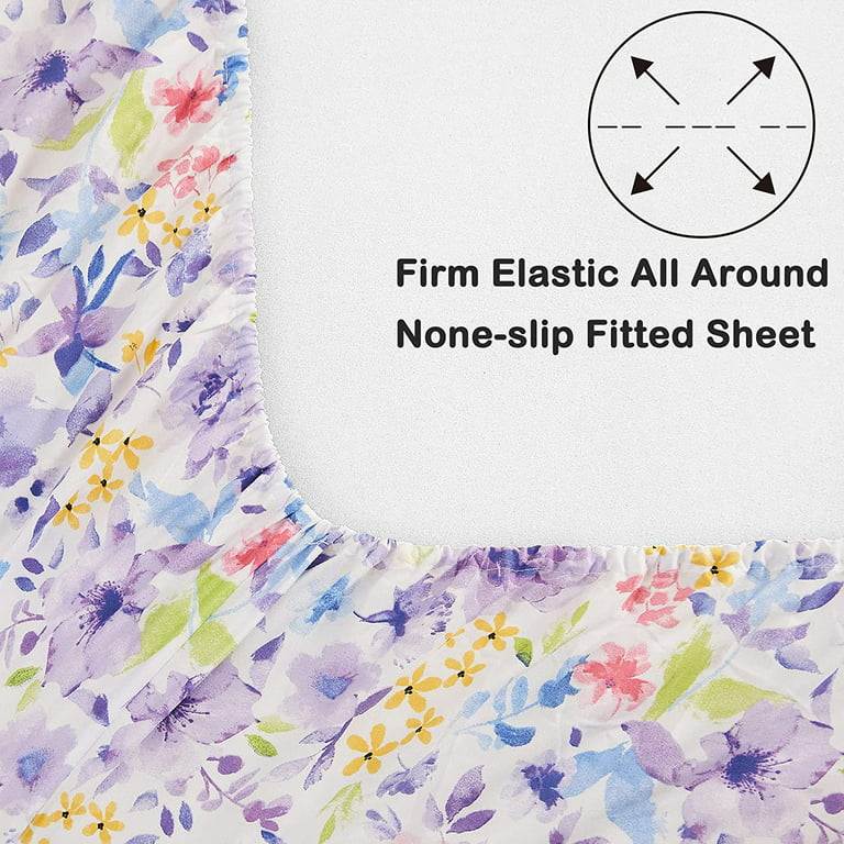 Viviland Floral King Sheets, Soft Breathable Microfiber Printed Bed Sheet Set, Deep Pocket Non-Slip Fitted Sheet Included, Purple Flower Pattern