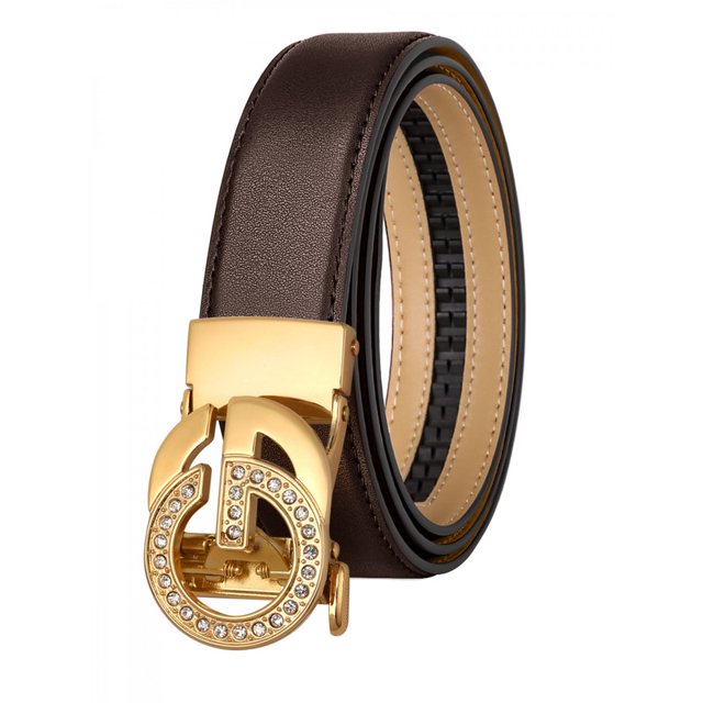 Catelles Brown Leather Belt, with Diamond-studded Gold Double G Alloy Automatic Buckle Elegant And Durable, For 2.8cm Width women Belt,Gift Box&Length 95cm
