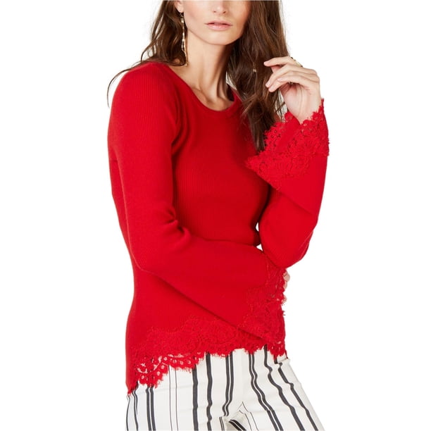 INC Suéter tejido con mangas acampanadas de encaje para mujer, rojo, extragrande