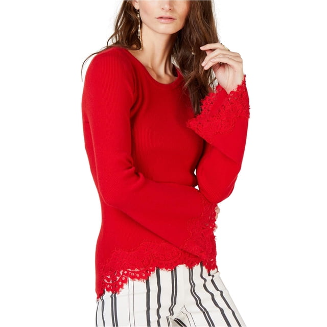 INC Suéter tejido con mangas acampanadas de encaje para mujer, rojo, extragrande