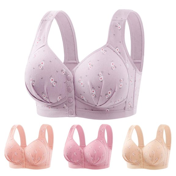 Gymayou Women Plus Size Cotton Front Button Wireless Bra Floral Thin Cup Wide Vest Straps Breathable Comfort Lingerie For Middle-Aged Elderly Khaki 36