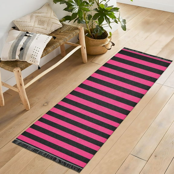 Ryvnso Pink and Black Stripe Pattern Bedroom Runner Rug 2'x6' Hallway Area Carpet Non Slip Entryway Mat with Tassels