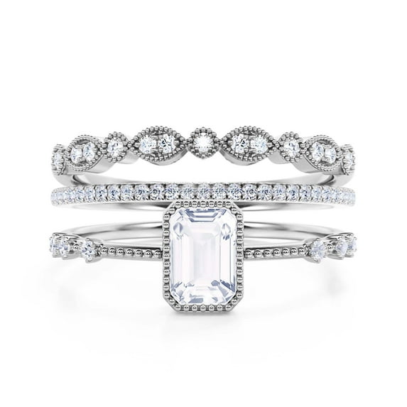 Art Deco 2.25 Carat Emerald Cut Diamond Moissanite Thin Engagement Ring, Slim Wedding Ring in 10k Solid White Gold, Gift For Her, Trio Rings Set, Holiday Gift, Promise Ring, Anniversary Ring