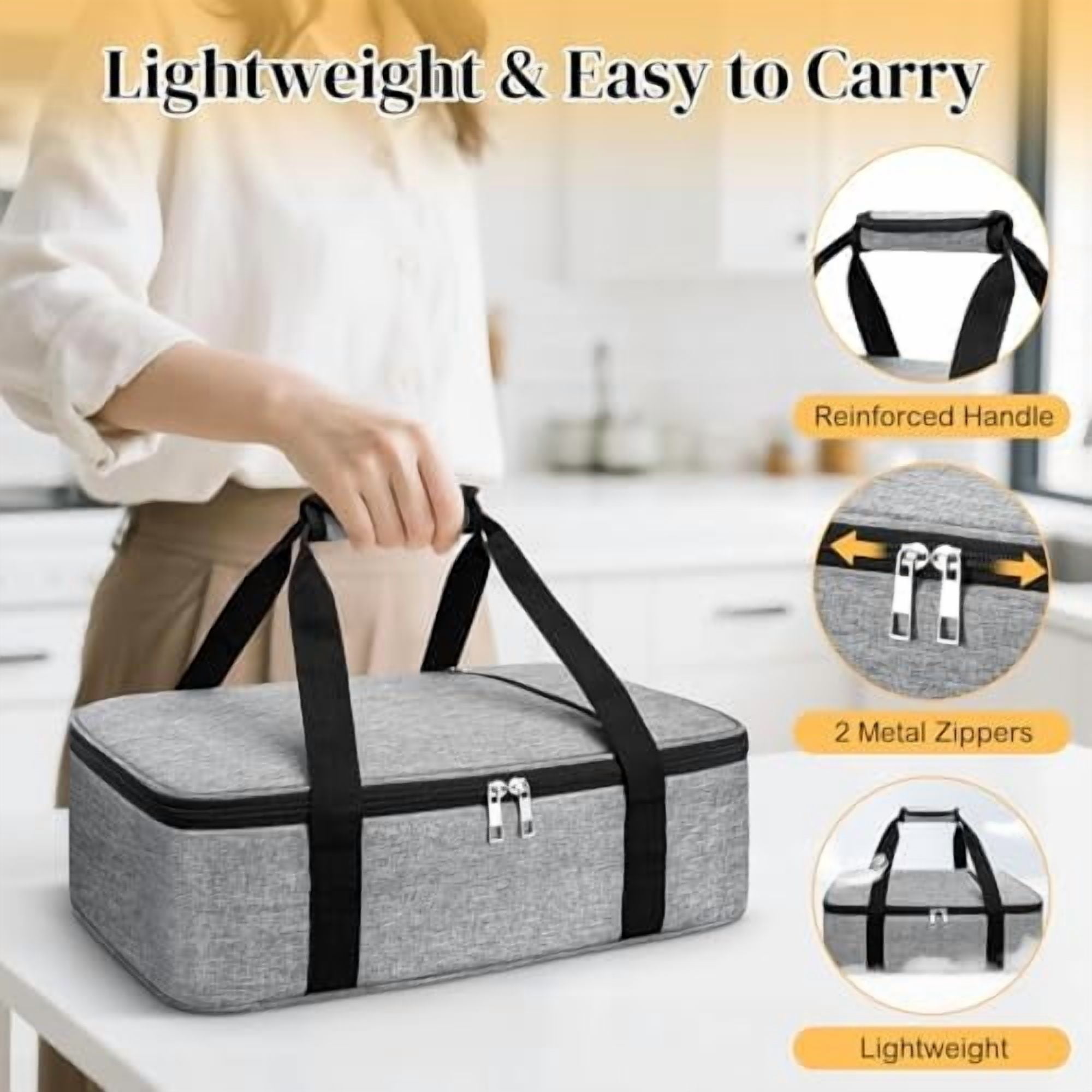 Insulated Casserole Carrier – Portable Tote for Hot or Cold Food, Warmer & Cooler Bag Lunch Bag, Fits 9" x 13" Baking Dish, Ideal for Potluck Parties – Grey