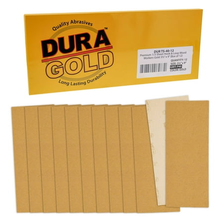 

Dura-Gold Premium Sandpaper - 40 Grit - 1/3 Sheet Size Wood Workers Gold 3-2/3 x 9 with Hook & Loop Backing - Box of 12 Sheets - Hand Sand Block Sanding Use Jitterbug Sander - Woodworking Auto