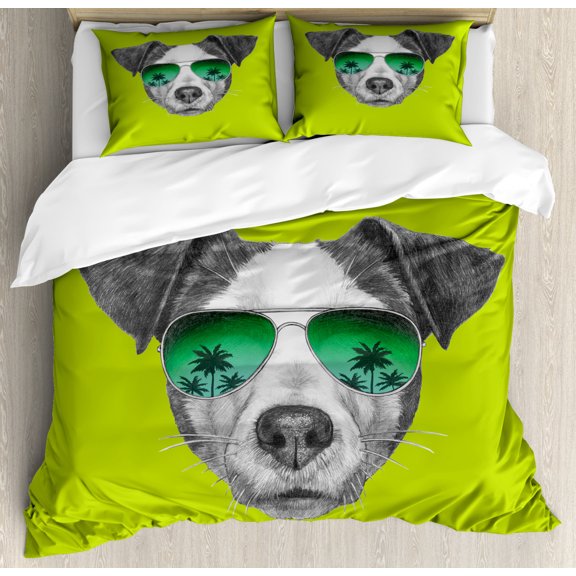 Jack Russell Duvet Cover Set King Size, Greyscale Dog with Glasses and Tropical Tree Silhouettes on Green Background, Decorative 3 Piece Bedding Set with 2 Pillow Shams, Grey Green, by Ambesonne