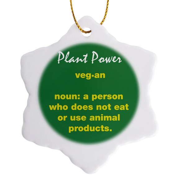 3drose, Yellow Vegan Definition on Green Background, 3 inch Snowflake Porcelain Ornament