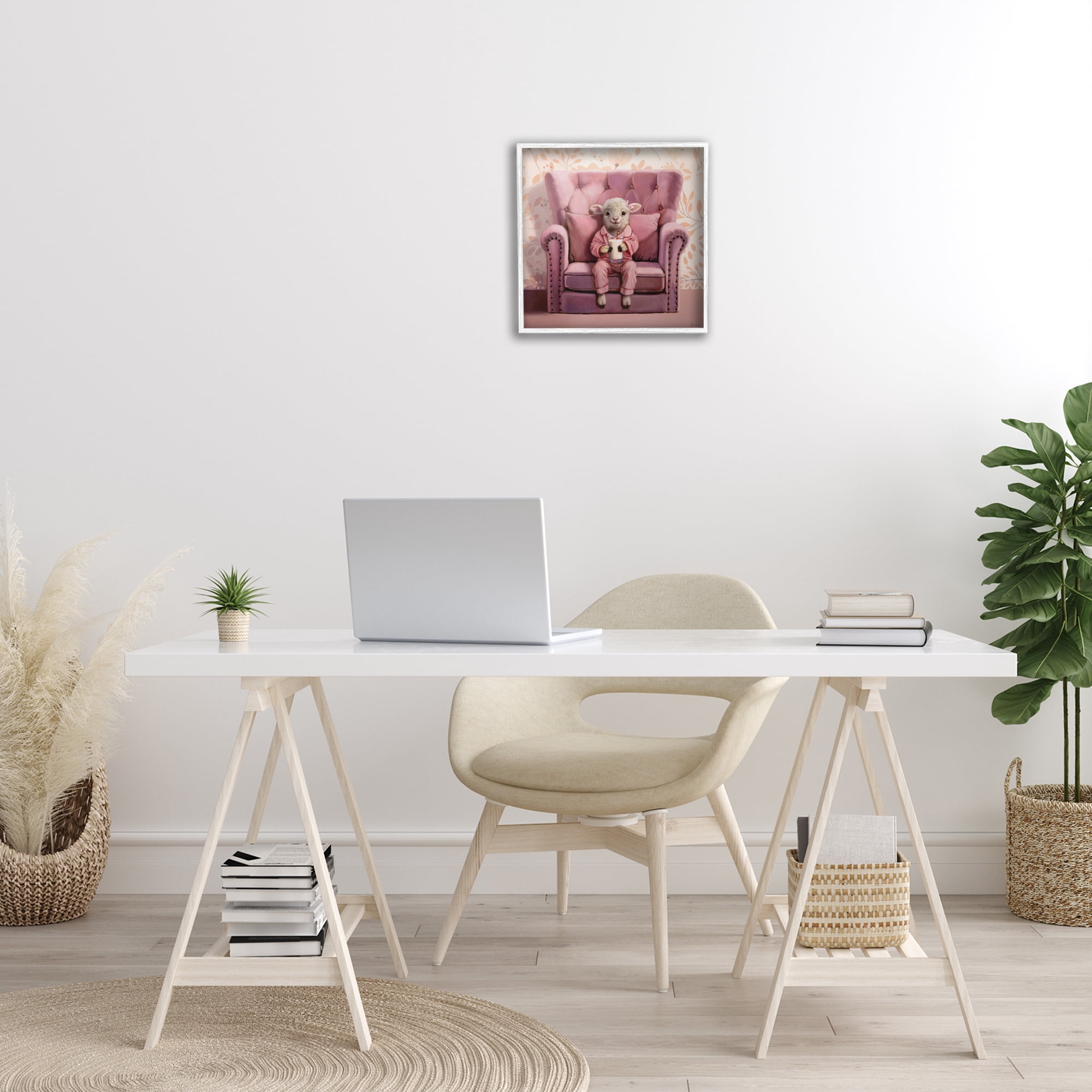 Stupell Industries Baby Cow in Pink Chair Animals & Insects Painting White Framed Art Print Wall Art, 17 x 17