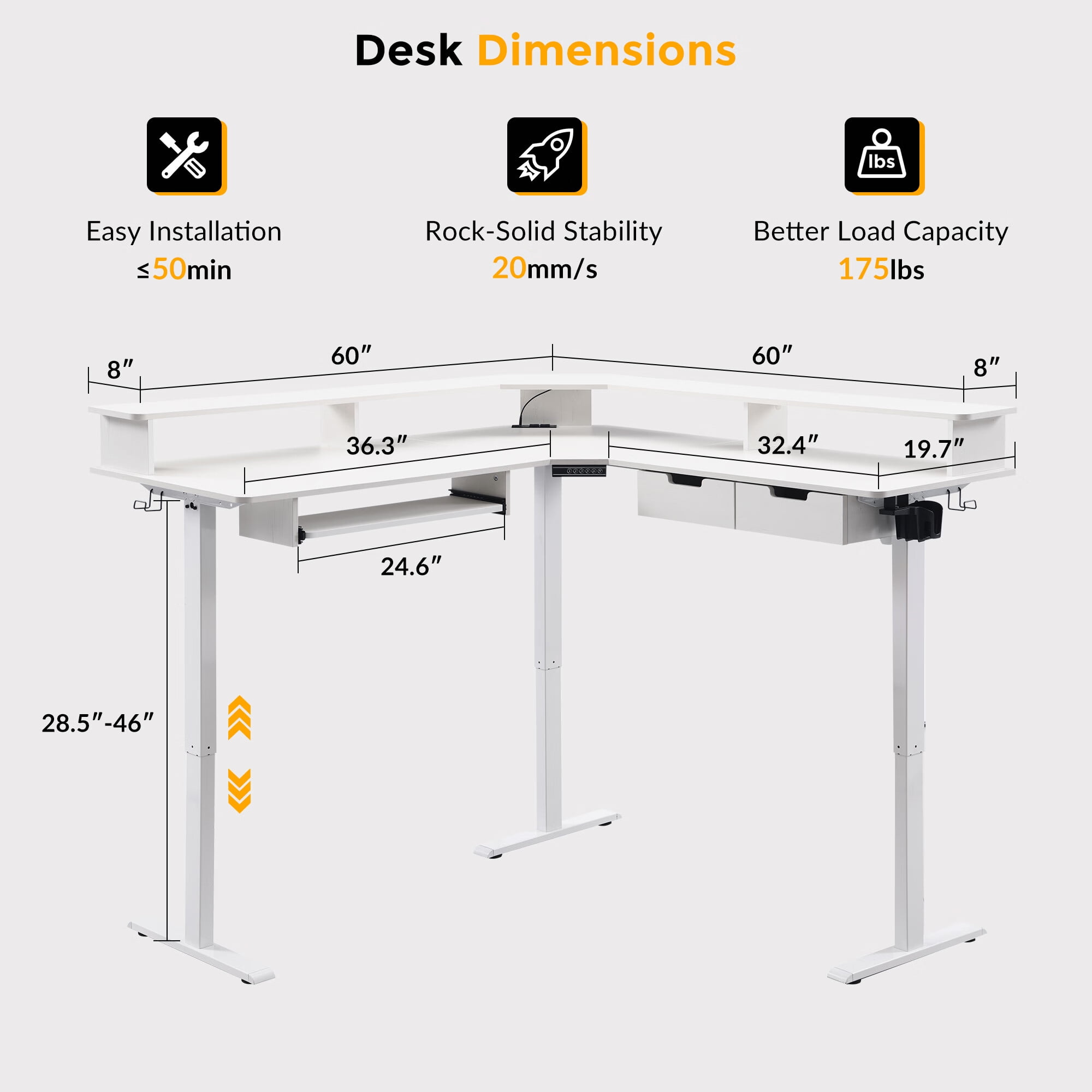 OKD 60" Electric Standing Desk with LED Strip & Power Outlets, L-Shaped Corner Desk with Shelves & Keyboard Tray, Adjustable Height Computer Desk, Antique White