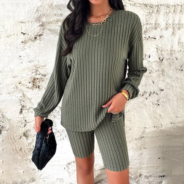 Blusa Mangas Largas Conjuntos de punto de 2 piezas para mujer, top con cuello redondo y pantalones cortos, conjunto Joggy Ygjytge ejercito verde T S para Mujer