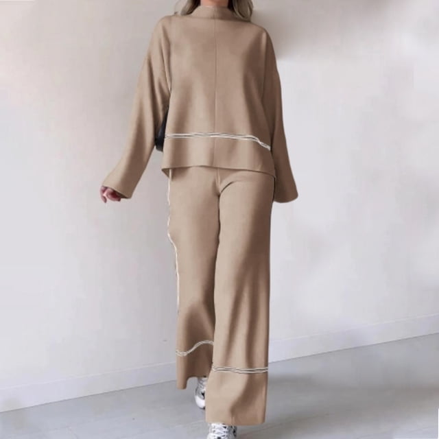 Womens Solid Color Medium High Neckline Striped Casual Split Top Loose And Comfortable Design Micro Flared Pants Set