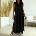 thumbnail image 2 of Hduncf Casual Dresses for Women Summer Sleeveless V Neck Cotton Linen Sundress Solid Color Collared Button Up Beach Maxi Dress Black XXL, 2 of 5