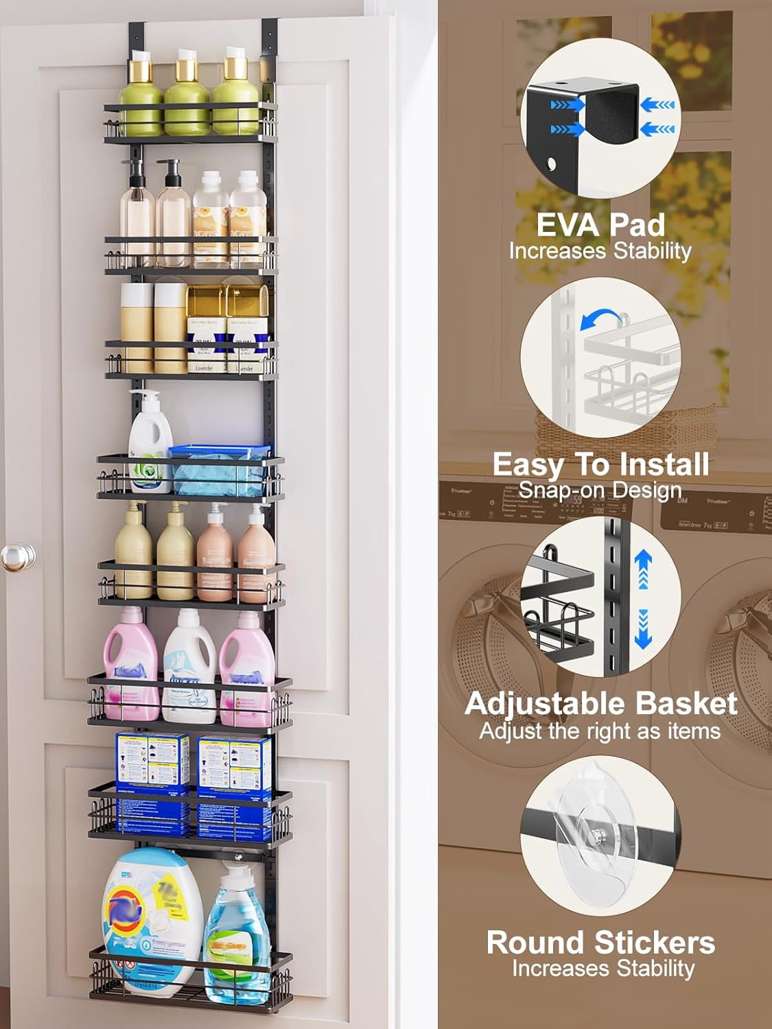 Delamu Kitchen Over the Doors Organizer, Adjustable 9-Tier Pantry Door Organizers and Storage, Hanging Spice Rack Shelves, Laundry Room Organization, 74in, Black