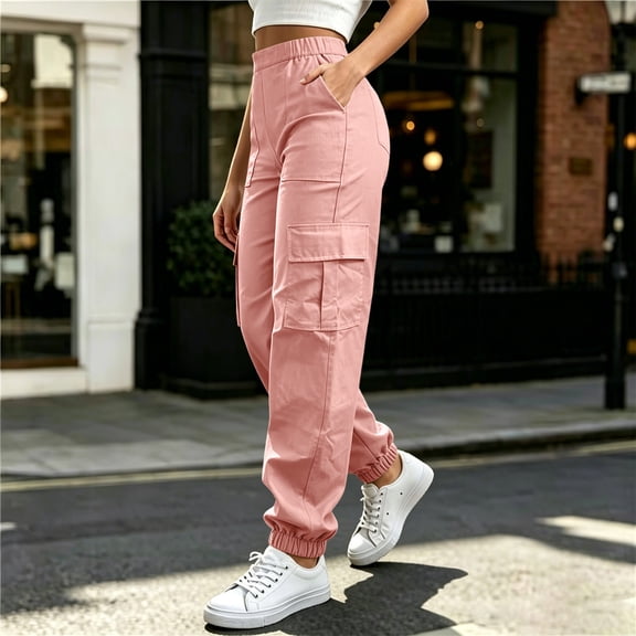Samdudou Womens Cargo Pants High Waisted Joggers with Flap Pockets Elastic Cuffs Casual Solid Outdoor Hiking Athletic Trousers for Ladies and Teen Girls