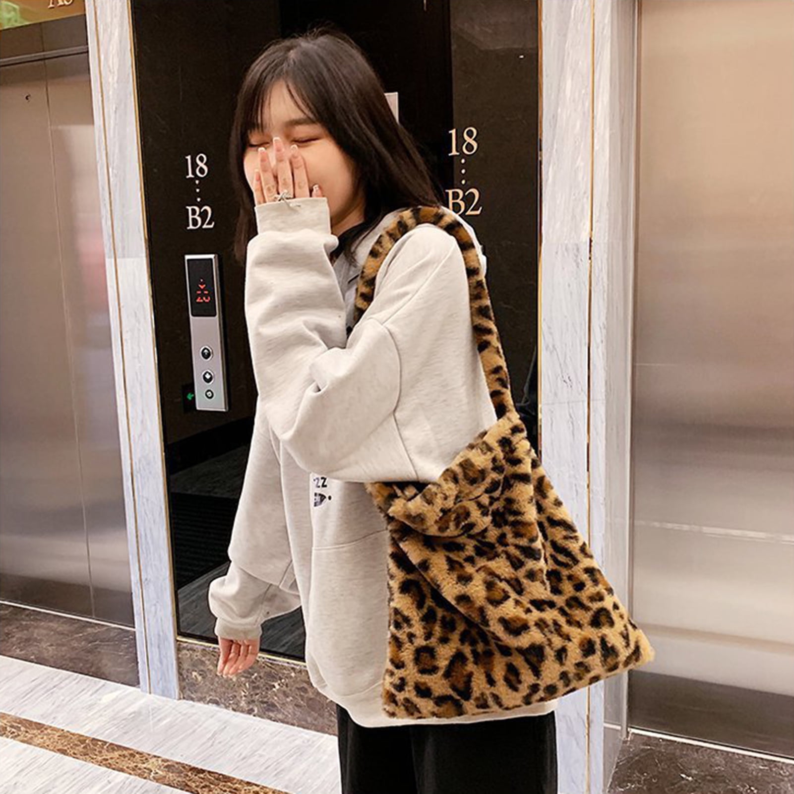 Women Faux Fur Handbag Shoulder Bag Wallet Wristlet Tote Fluffy Plush Tote Solid 