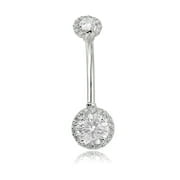 AVORA 10K White Gold White Simulated Diamond CZ Halo Belly Button Ring Body Jewelry (14 Gauge)