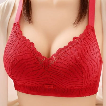 Voncos Womens Bras Wirefree Plus Size Comfortable Solid Lace Lingerie Thin Bralette Red Size 36