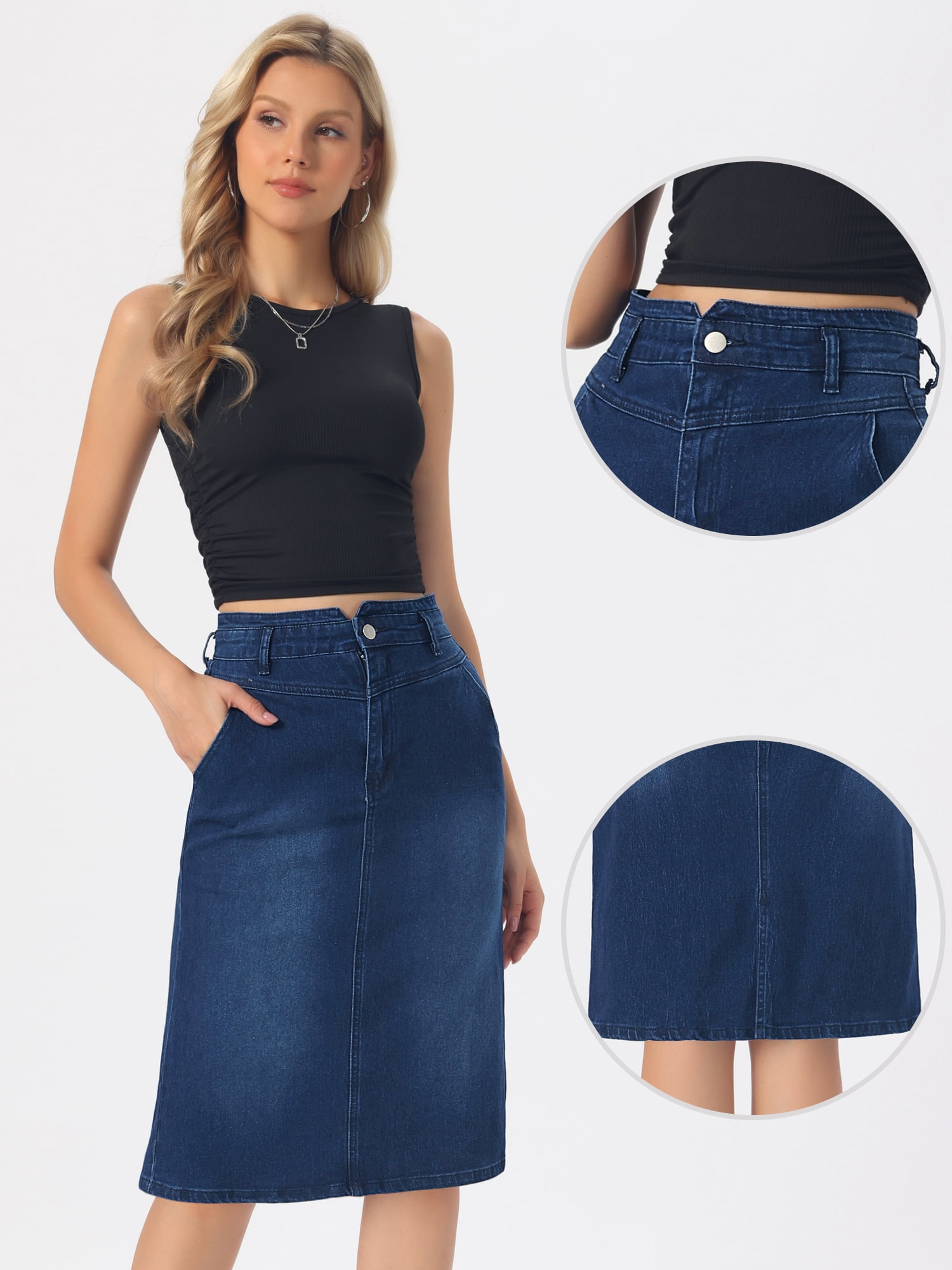 DARING DIVA Women's Slit Stretchy High Waisted Below Knee Length Jean Skirt L Dark Blue