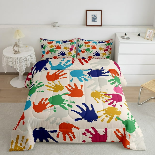 YST Handprints Comforter Set Twin Footprints Bedding Kids Colorful Effect Open Palms Collage Art Work Bedding Comforter Sets Watercolor Abstract Human Creative Modern Simple Duvet Insert