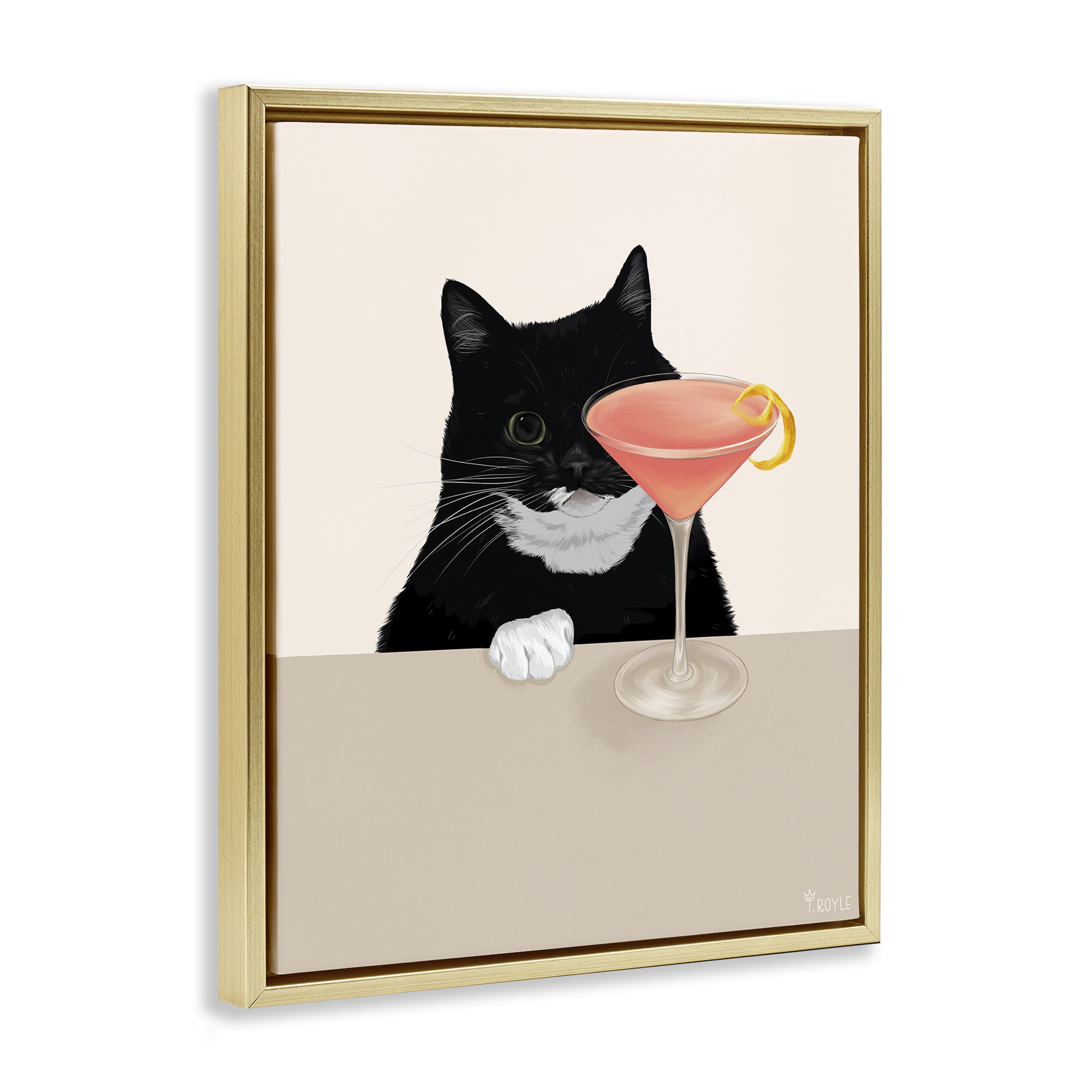 Stupell Industries Cat & Pink Cocktail Food & Beverage Painting Gold Floater Framed Art Print Wall Art, 25 x 31
