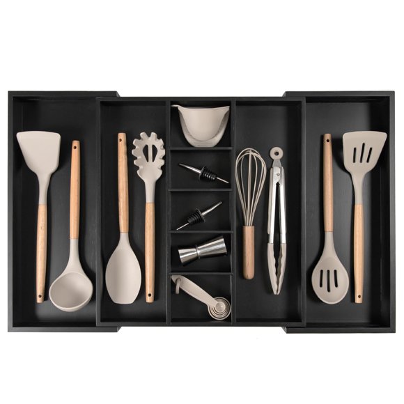 KitchenEdge Organizador de cajones de cocina ajustable para utensilios y basura expandible a 33 pulgadas de ancho 9 compartimentos 100% bambú