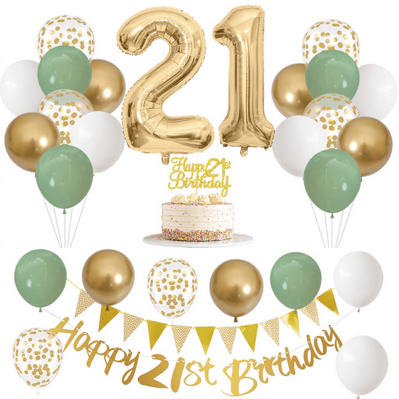 21st Birthday Decorations, Happy Banner With Cake Topper Number 21 Foil Balloon, Green White Gold Balloons for Men Women 21 Year Old Party Decoration