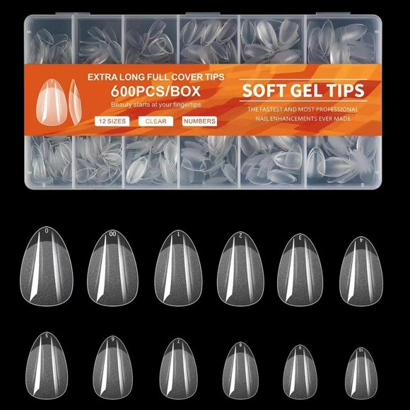 Dosaele 600pcs Short Almond Nail Tips Soft Gel X Nail Tips Almond Short Clear Fake Nails Full Cover Acrylic Nail Tips for Extension Nail Manicure Salon Home DIY