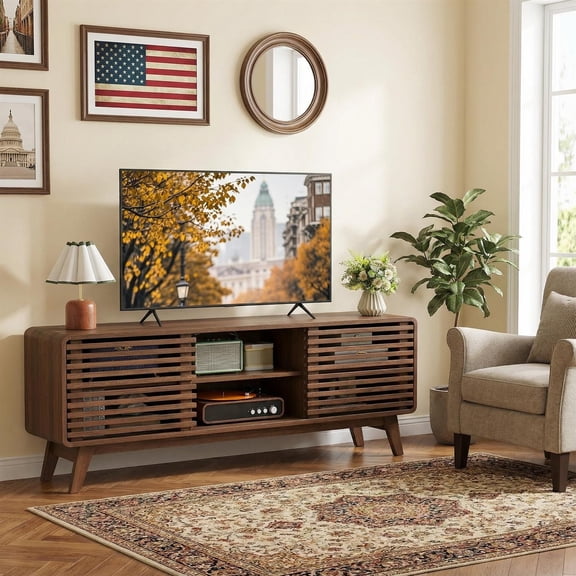 Spaco Walnut TV Stand for TVs up to 65", Mid-Century Media Console with Sliding Doors & Adjustable Shelves for Home Theater & Living Room