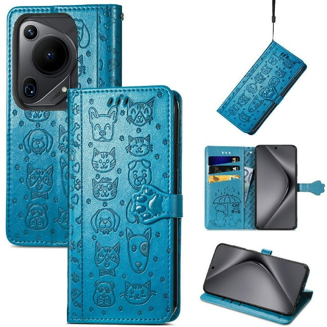 Funda Cartera FOXDOCK para Huawei Pura 70 Ultra , Flip PU con Relieve de Gatos y Perros, Tarjetero y Soporte