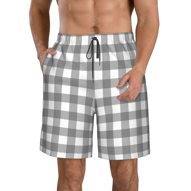 Balery Gray Checkboard Traje de Baño Estilo Hawaiano para Hombre, Shorts de Secado Rápido con Bolsillos-3X-Large