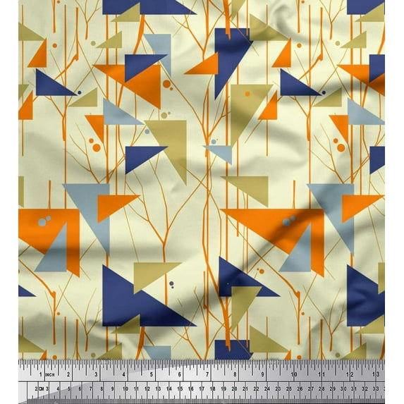 Soimoi Georgette Viscose Fabric Dot,Branches & Triangle Geometric Printed Craft Fabric by The Yard 42 Inch Wide