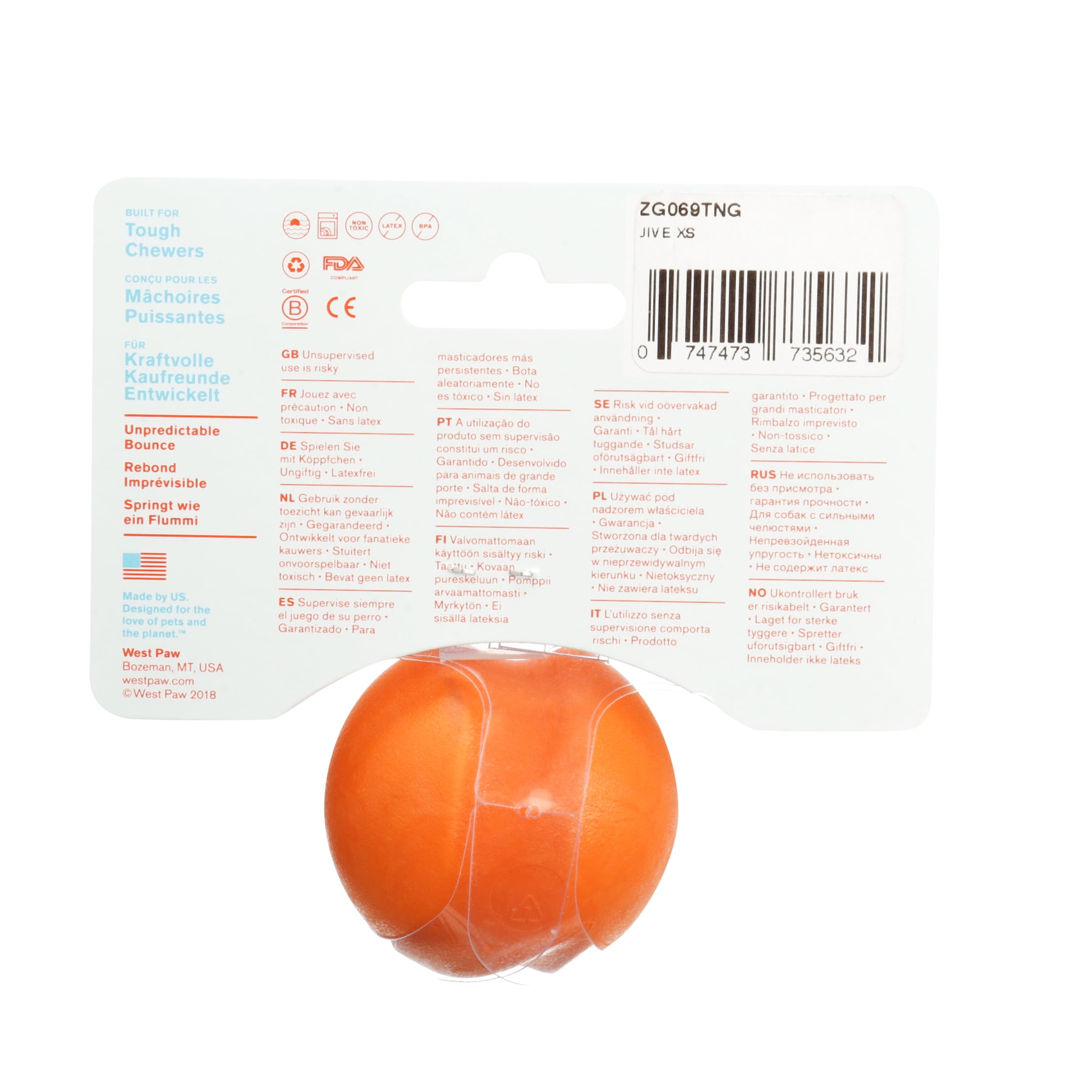 West Paw Zogoflex Jive XS 2" Dog Toy Tangerine