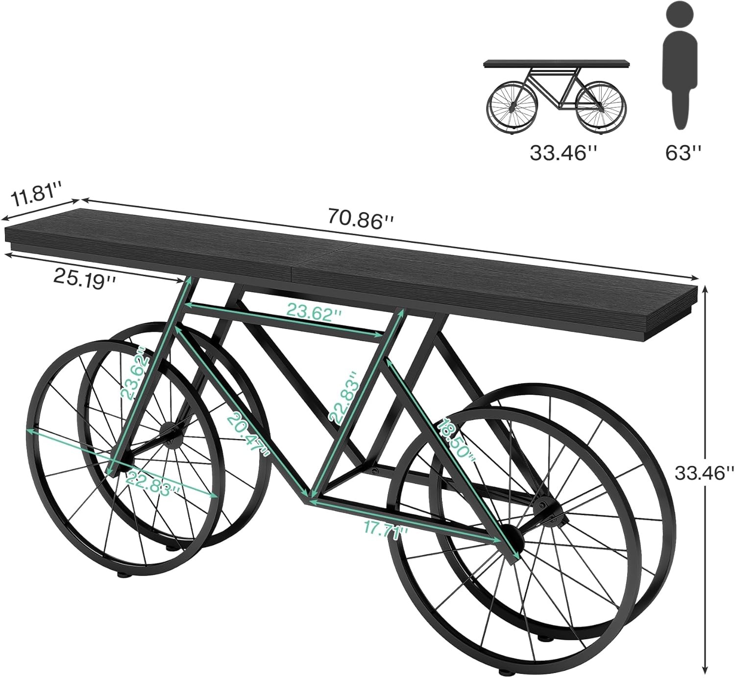 70.9-Inch Extra Long Console Table, Narrow Sofa Table With Bicycle Metal Base, Modern Industrial Entryway Table, Sturdy MDF Top Behind Couch Table For Living Room, Hallway, Foyer