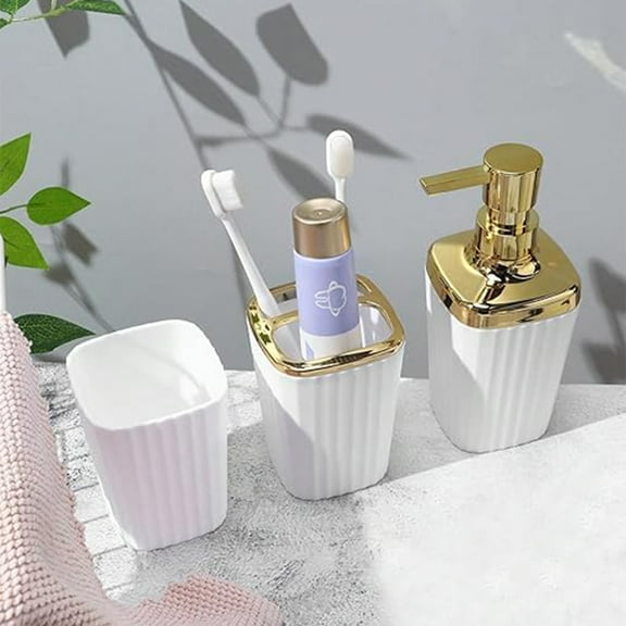 iMucci Bathroom Soap Dispenser Set with Storage Tray 3 Piece Bathroom Soap Dispenser Set with Lotion Dispenser Gargle Cup and Gargle Cup White