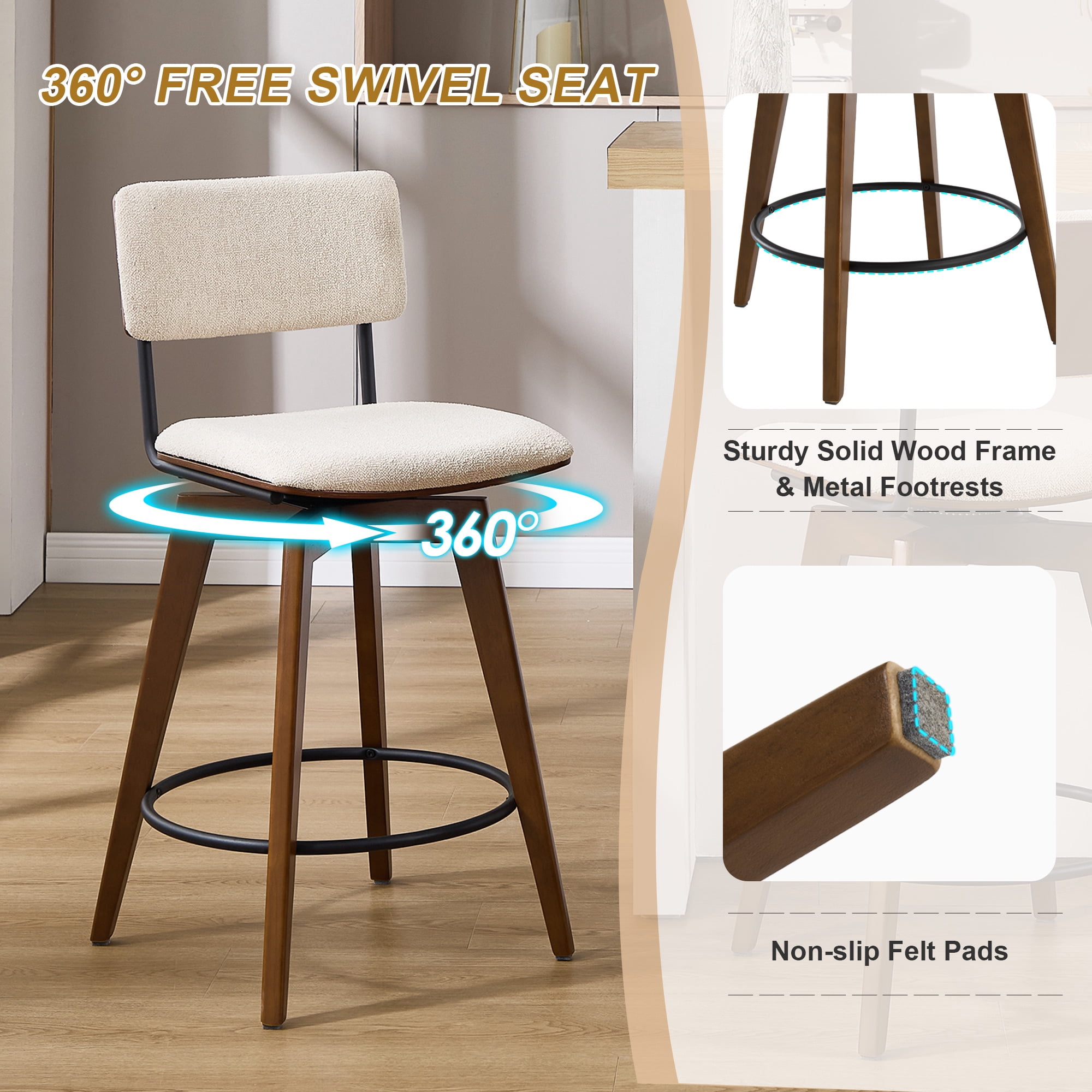Zesthouse Swivel Counter Height Bar Stools Set of 2, 26" Upholstered Linen Barstools with Back and Walnut Wood Legs, Mid Century Modern Bar Chairs, Island Stool for Kitchen Counter, Beige