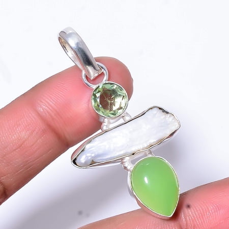 Fresh Water Pearl & Chalcedony Handmade 925 Sterling Silver Pendant 1.95" P31