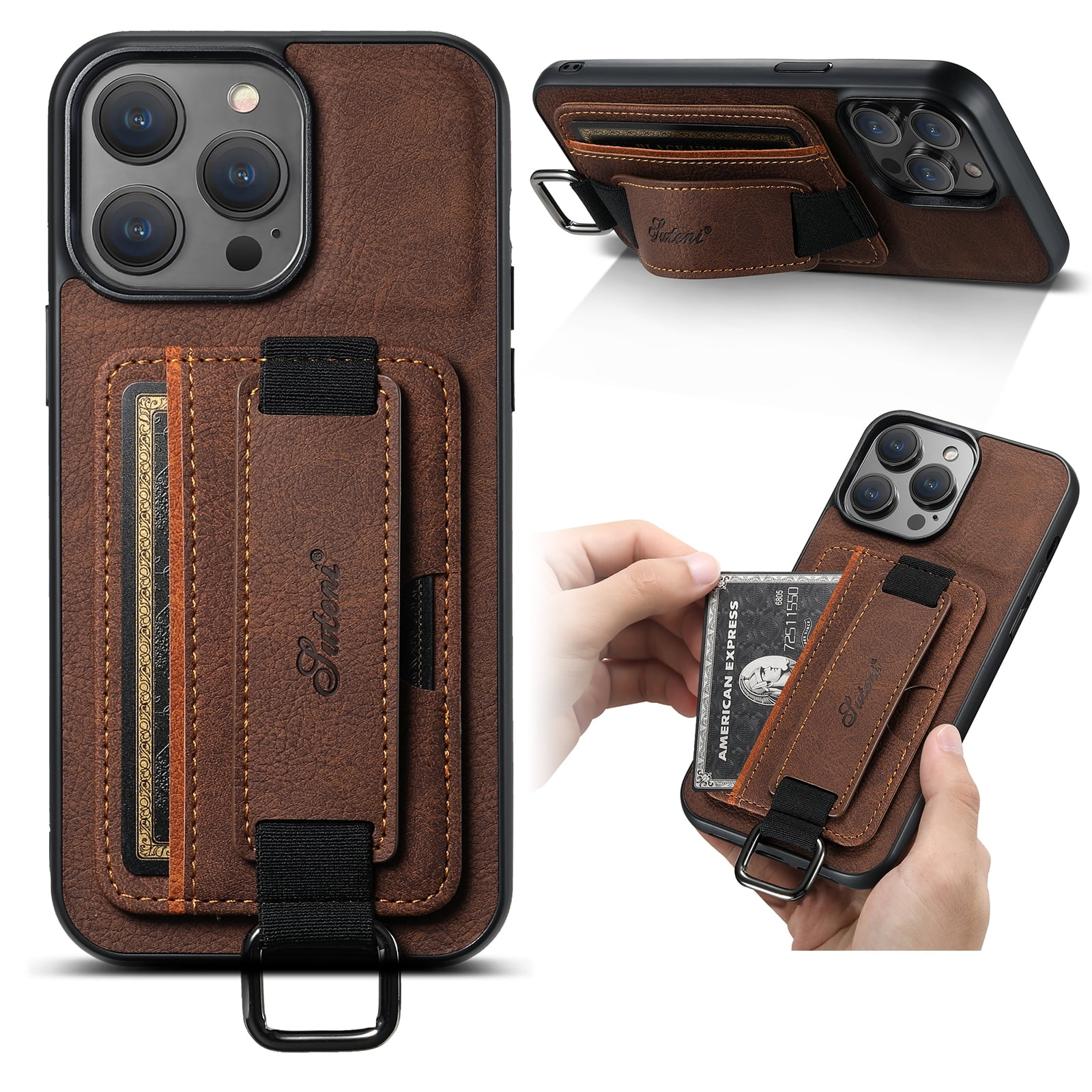 for iPhone XS Max PU Leather Card Slots Back Case, Classic Wristband Kickstand Finger Ring Shockproof Protective TPU Frame Phone Case for iPhone XS Max Women Men Boys Girls, Brown