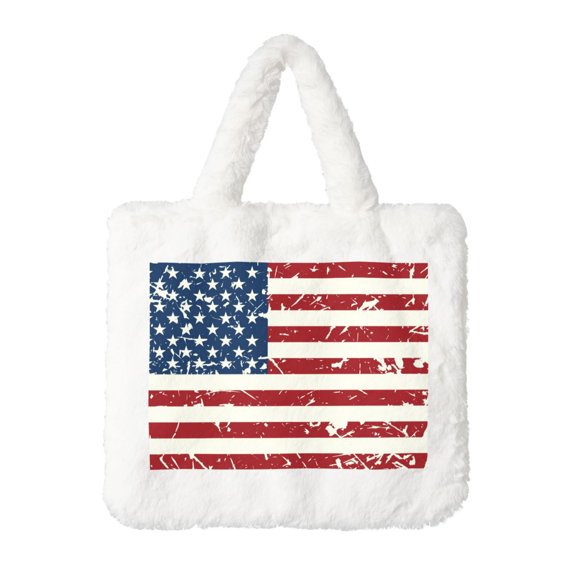 Rocae Vintage American Flag or Plush Underarm Bag White Furry Purse Handbag for Autumn and Winter